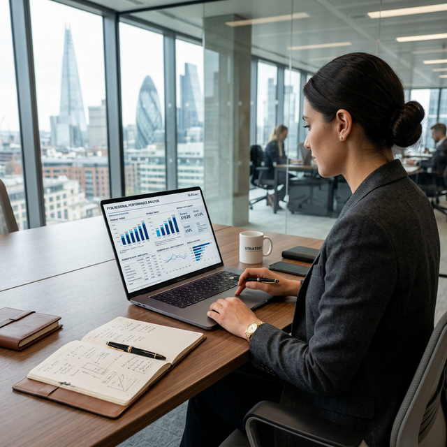 Enterprise analytics dashboard displayed on a laptop in a modern consulting workspace