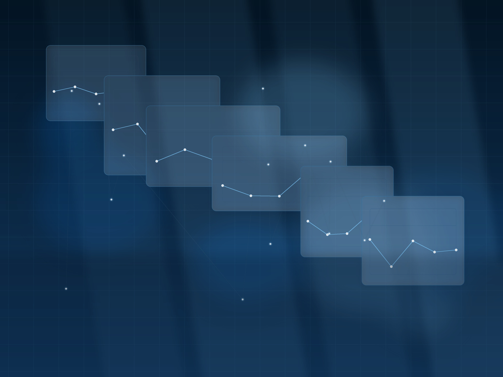 Abstract enterprise capability map with stacked workstreams, dashboards, and decision traces