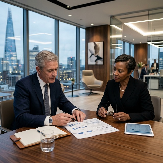 Secure executive collaboration room with analytics displays and shared planning materials